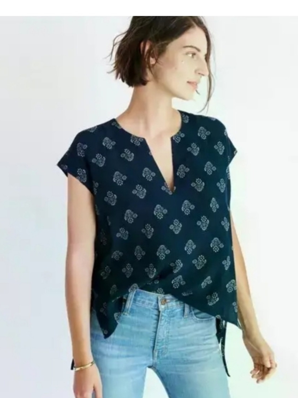 Madewell Side Tie Skylit Navy Split V-Neck Geometric Floral Print Blouse Medium